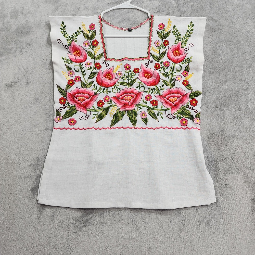 Vintage Mexican Floral Embroidered Huipil Top Women XS/34 White Pink Square Neck